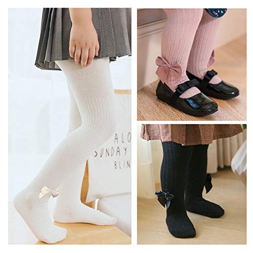 Dsaren 3 Pares Medias Bebé Termicos Algodón Pantimedias Niña Calcetines Altos con Lazo (blanco, negro, rosa, M (1-2 años))