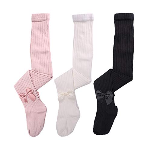 Dsaren 3 Pares Medias Bebé Termicos Algodón Pantimedias Niña Calcetines Altos con Lazo (blanco, negro, rosa, M (1-2 años))