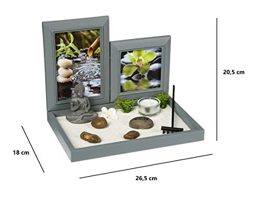 Ducomi Mini Zen Table Garden con Bandeja, Arena, Estatuilla de Buda, Roca - Kit de Meditación Japonesa - Accesorios para El Hogar Decoración de Muebles Interiores (Mantra)