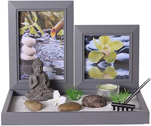 Ducomi Mini Zen Table Garden con Bandeja, Arena, Estatuilla de Buda, Roca - Kit de Meditación Japonesa - Accesorios para El Hogar Decoración de Muebles Interiores (Mantra)