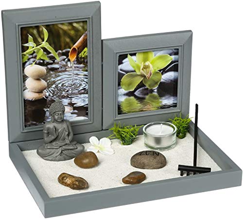 Ducomi Mini Zen Table Garden con Bandeja, Arena, Estatuilla de Buda, Roca - Kit de Meditación Japonesa - Accesorios para El Hogar Decoración de Muebles Interiores (Mantra)