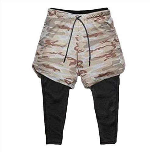 Ducomi Pantalón corto para hombre Fitness + Leggings de compresión 2 en 1 – Pantalones largos y pantalones cortos para gimnasio deportivas ligeras para correr, deportes, baloncesto Beige Camo M