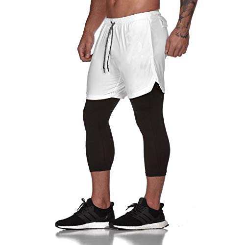 Ducomi Pantalón corto para hombre Fitness + Leggings de compresión 2 en 1 – Pantalones largos y pantalones cortos para gimnasio deportivas ligeras para correr, deportes, baloncesto Beige Camo M