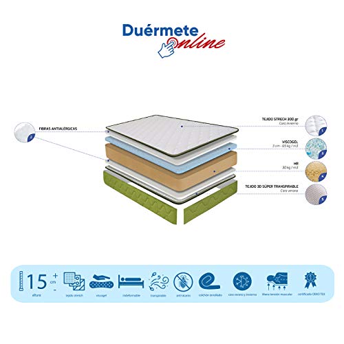 Duérmete Online - Colchón Viscoelastico Juvenil Viscopeque Reversible (cara invierno/verano) 90x200