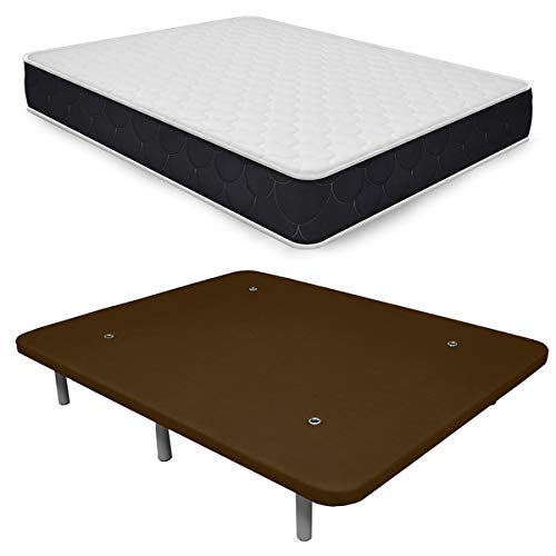 Duérmete Online - Pack Ahorro Colchón Viscoelástico Pocket Visco + Base Tapizada 3D Reforzada 5 Barras de Refuerzo y Válvulas de Ventilación con 6 Patas, Marrón (Chocolate), 135x190