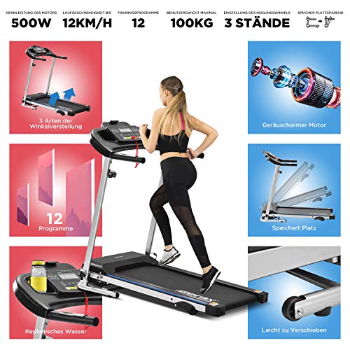 DuraB Cinta de Correr Electrica - Cintas de Correr para Fitness - 3 Niveles de Entrenamiento de Carrera/Inclinación Manual 1-12 km/h - 12 Programas - 500W