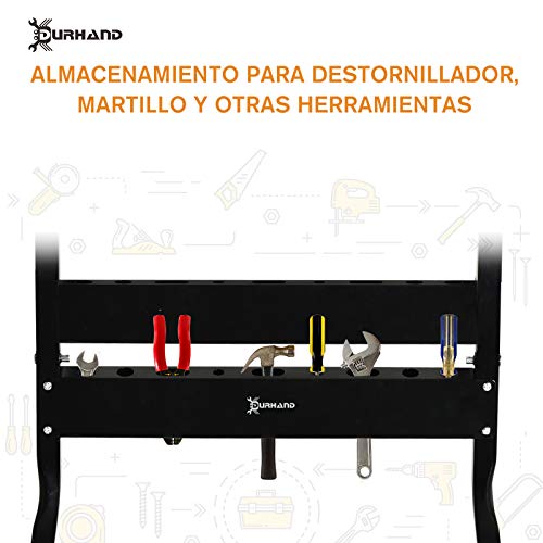 DURHAND Banco de Trabajo Plegable Mesa de Trabajo Portátil con 4 Abrazaderas Agujeros para Sierra Uso Doméstico Carpintería Hierro MDF Soporta 70 kg 56x62x75 cm Natural Negro