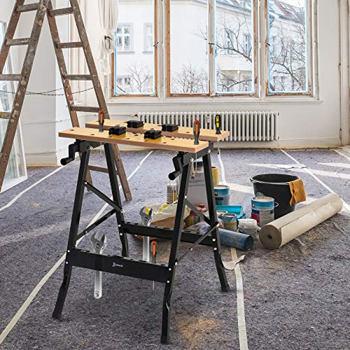 DURHAND Banco de Trabajo Plegable Mesa de Trabajo Portátil con 4 Abrazaderas Agujeros para Sierra Uso Doméstico Carpintería Hierro MDF Soporta 70 kg 56x62x75 cm Natural Negro