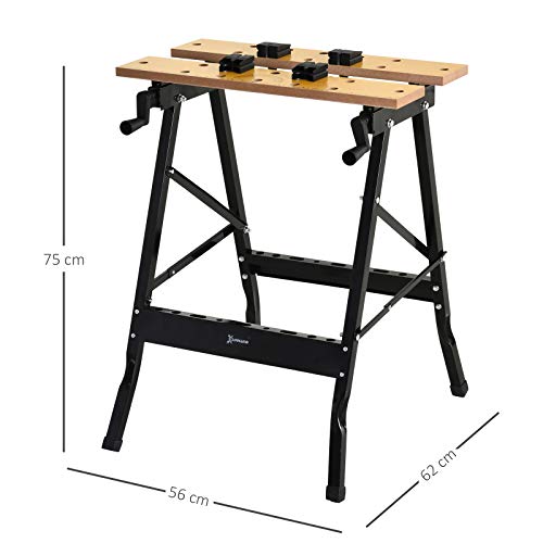 DURHAND Banco de Trabajo Plegable Mesa de Trabajo Portátil con 4 Abrazaderas Agujeros para Sierra Uso Doméstico Carpintería Hierro MDF Soporta 70 kg 56x62x75 cm Natural Negro