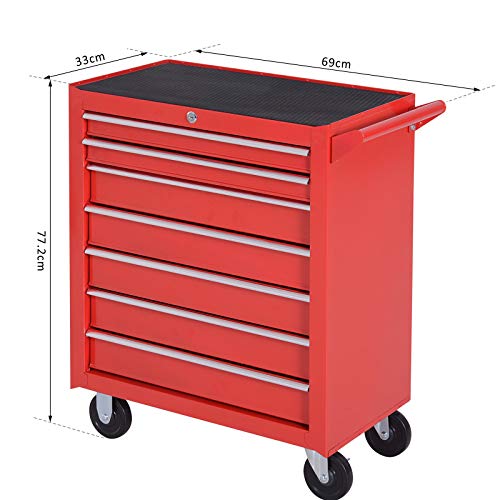 DURHAND Carro de Herramientas con 7 Cajones Caja Taller Cerradura tipo Mueble de Almacenamiento para Taller Garaje y Hogar Chapa de Acero Ruedas 69x33x75cm Rojo