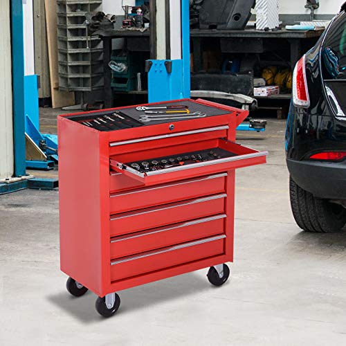 DURHAND Carro de Herramientas con 7 Cajones Caja Taller Cerradura tipo Mueble de Almacenamiento para Taller Garaje y Hogar Chapa de Acero Ruedas 69x33x75cm Rojo