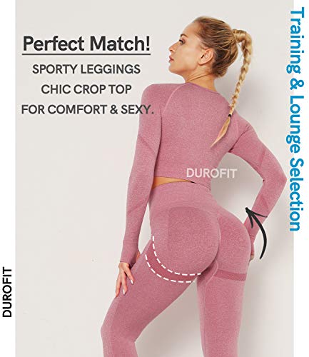 DUROFIT Conjuntos Deportivos para Mujer Leggins y Crop Top Deporte Sport Set Conjunto de Ropa Deportiva Legging Mallas de Yoga Fitness Cintura Alta Camiseta de Manga Larga Push Up Leggins Mujer