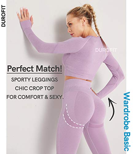 DUROFIT Conjuntos Deportivos para Mujer Leggins y Crop Top Deporte Sport Set Conjunto de Ropa Deportiva Legging Mallas de Yoga Fitness Cintura Alta Camiseta de Manga Larga Push Up Leggins Mujer