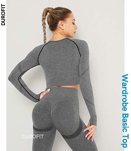 DUROFIT Yoga Gym Crop Tops Mujer con Orificio para el Pulgar Camisa Top de Manga Larga sin Costuras para Entrenamiento Correr Fitness Gris S