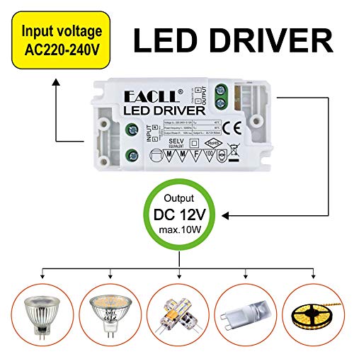 EACLL Transformador LED AC 240V a DC 12V 850mA 10W, Para drive de Menos de 10W MR11 G4 MR16 GU5.3 Bombillas LED y Tiras de Luz LED, Adaptador de Lámpara LED Controlador Alimentación, 2 Pack EACLL Transformador LED AC 240V a DC 12V 850mA 10W, Para drive de Menos de 10W MR11 G4 MR16 GU5.3 Bombillas LED y Tiras de Luz LED, Adaptador de Lámpara LED Controlador Alimentación, 2 Pack