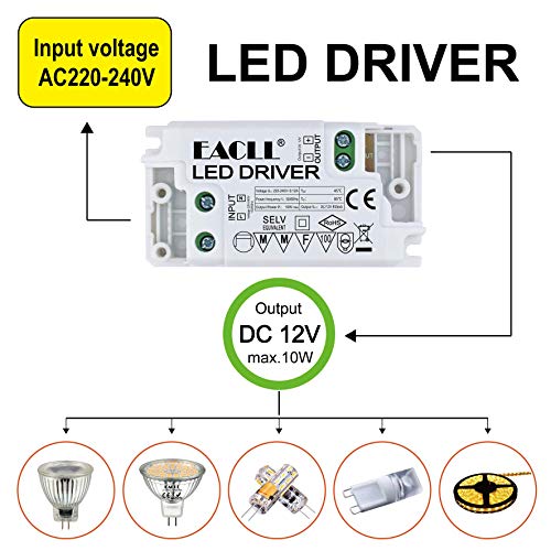 EACLL Transformador LED AC 240V a DC 12V 850mA 10W, Para drive de Menos de 10W MR11 G4 MR16 GU5.3 Bombillas LED y Tiras de Luz LED, Adaptador de Lámpara LED Controlador Alimentación, 2 Pack