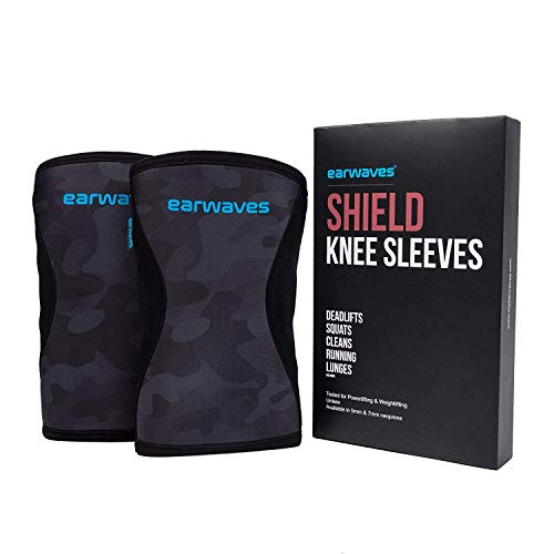 Earwaves ® Shield Knee Sleeves - Par de Rodilleras de Neopreno de 5mm & 7mm para Crossfit, Halterofilia, Powerlifting, Weightlifting, Lunges, etc. (Negro Militar, XL - 5mm)