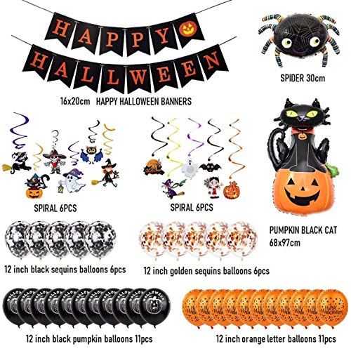 Eastor Juego de 60 globos para decoración de fiesta de Halloween, diseño de araña, murciélago, bruja, gato, calabaza fantasma, globo negro y naranja para Halloween, bar, suministros de fiesta en casa