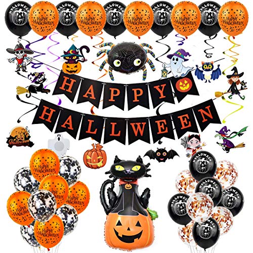 Eastor Juego de 60 globos para decoración de fiesta de Halloween, diseño de araña, murciélago, bruja, gato, calabaza fantasma, globo negro y naranja para Halloween, bar, suministros de fiesta en casa