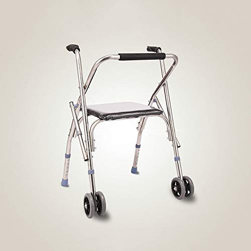 Easty Caminante de Acero Inoxidable Anciano Obeso Cuatro Patas Fold Cane Stool Polea inhabilitada con Asiento Empuje Walker Compacto con Ruedas Plegable, Ligero y Ajustable en Altura