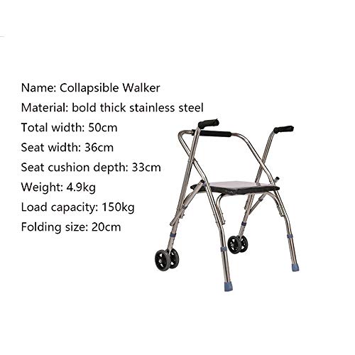 Easty Caminante de Acero Inoxidable Anciano Obeso Cuatro Patas Fold Cane Stool Polea inhabilitada con Asiento Empuje Walker Compacto con Ruedas Plegable, Ligero y Ajustable en Altura