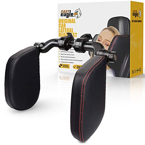 EASY EAGLE Reposacabezas Coche, Apoyacabezas Lateral para Asiento de Coche, Reposa Cabezas para Niños Adultos, Negro (Talla L, Costuras Rojas)