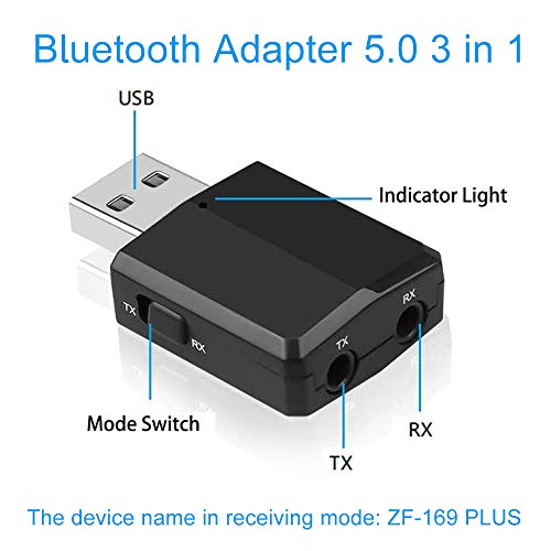 EasyULT Adaptador Bluetooth USB 5.0, Transmisor Receptor Bluetooth 3-en-1 con Audio Inalámbrico 3.5MM Cable, para PC/TV/Auriculares/Altavoces/Radio - Negro