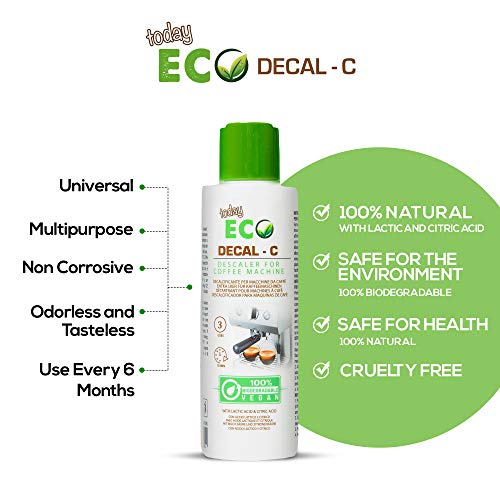 Eco Today Descalcificador para cafeteras, 2 Botellas (6 usos) Biodegradable, Natural a Base de ácido láctico. Descalcificador Compatible con Todas Las Cafeteras