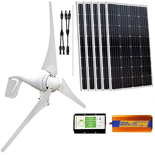 ECO-WORTHY 900 W Panel Solar y de viento turbina recargable Kit de carga: 400 W viento generador controlador de carga con palo + 5pcs 100 W Poly paneles solares + 1000W Off inversor de carga MPPT grid