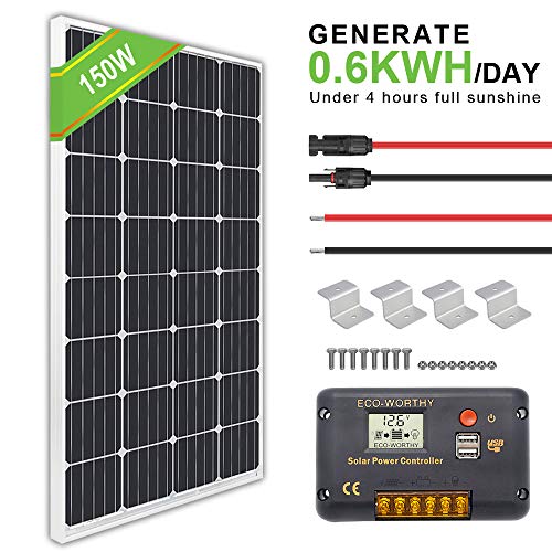 ECO-WORTHY Kit de arranque solar mono de 150 W 12 V con 20 A AMP LCD controlador de carga para rejilla de apagado RV barco autocaravana