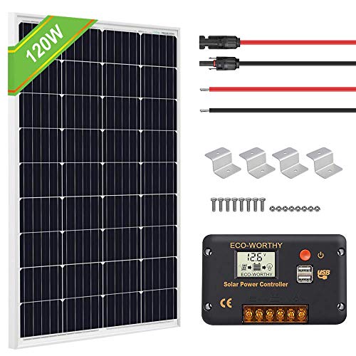 ECO-WORTHY Kit de paneles solares de 120 vatios y 12 vatios: panel solar de 120 vatios y controlador de carga solar de 20 mA, cable solar de 5 m y soportes de montaje estilo Z