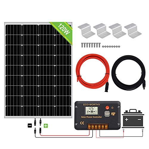 ECO-WORTHY Kit de paneles solares de 120 vatios y 12 vatios: panel solar de 120 vatios y controlador de carga solar de 20 mA, cable solar de 5 m y soportes de montaje estilo Z