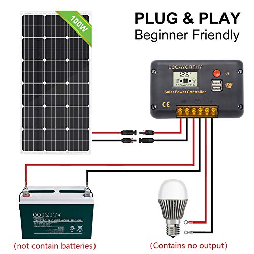 ECO-WORTHY Kit de sistema de paneles monocristalinos de 100 W, panel solar de 100 W con controlador de carga de 20 A para carga de energía de 12 V fuera de la red, RV, barco marino