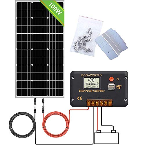 ECO-WORTHY Kit de sistema de paneles monocristalinos de 100 W, panel solar de 100 W con controlador de carga de 20 A para carga de energía de 12 V fuera de la red, RV, barco marino