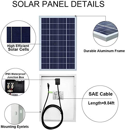 ECO-WORTHY Sistema de panel solar 12V 25W: Panel fotovoltaico policristalino de 1pc 25W con 3 cables y clips de batería 30A con cable de extensión de 6 pies y módulo solar de 3A 12V / 24V