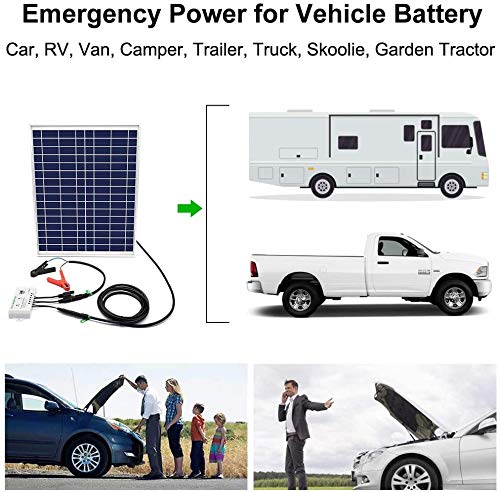 ECO-WORTHY Sistema de panel solar 12V 25W: Panel fotovoltaico policristalino de 1pc 25W con 3 cables y clips de batería 30A con cable de extensión de 6 pies y módulo solar de 3A 12V / 24V