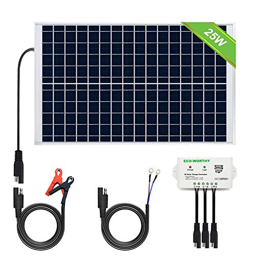 ECO-WORTHY Sistema de panel solar 12V 25W: Panel fotovoltaico policristalino de 1pc 25W con 3 cables y clips de batería 30A con cable de extensión de 6 pies y módulo solar de 3A 12V / 24V