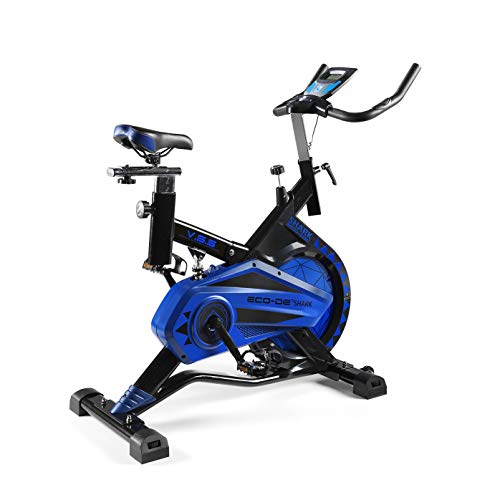 ECODE Bicicleta Spinning Shark. Uso semiprofesional con pulsómetro, Pantalla LCD y Resistencia Variable. Estabilizadores. Completamente Regulable.Rueda de inercia de 20kgrs