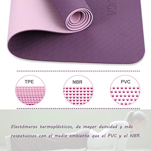 ECOUGA Colchoneta de Yoga Antideslizante con Línea Corporal para Pilates Ejercicio con Banda Tensión Toalla de Hielo Sin PVC Eco Friendly y Duradera 183x66cmx6mm (Morado-Rosa)