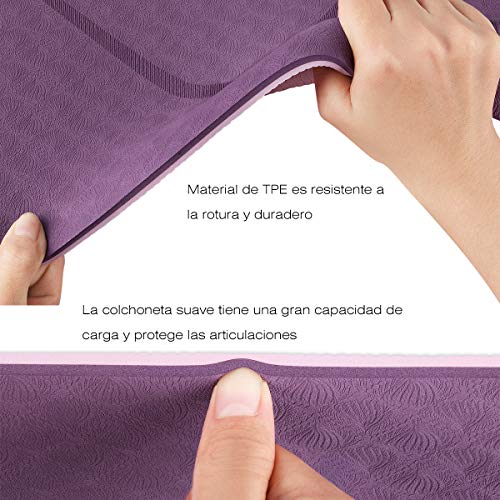 ECOUGA Colchoneta de Yoga Antideslizante con Línea Corporal para Pilates Ejercicio con Banda Tensión Toalla de Hielo Sin PVC Eco Friendly y Duradera 183x66cmx6mm (Morado-Rosa)