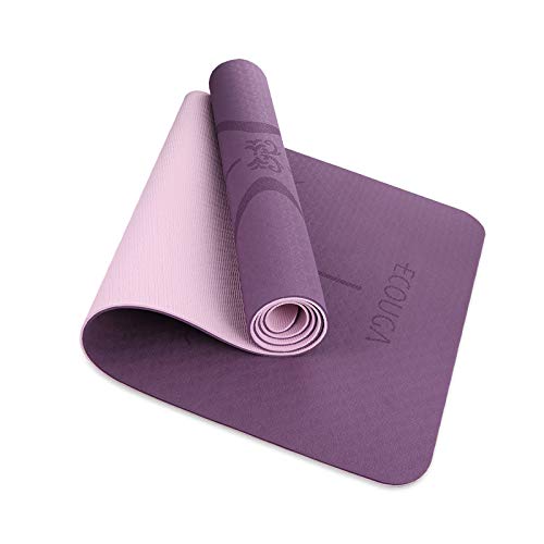 ECOUGA Colchoneta de Yoga Antideslizante con Línea Corporal para Pilates Ejercicio con Banda Tensión Toalla de Hielo Sin PVC Eco Friendly y Duradera 183x66cmx6mm (Morado-Rosa)