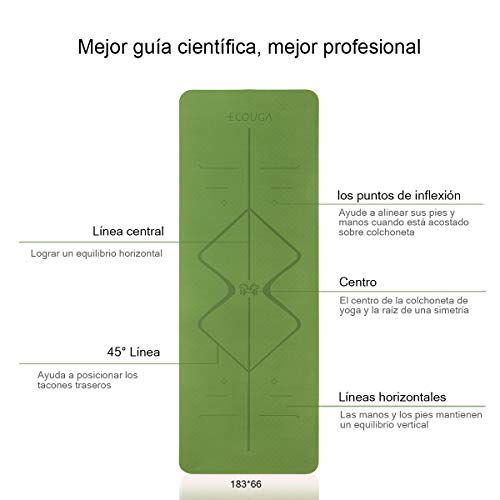 ECOUGA Colchoneta de Yoga Antideslizante con Línea Corporal para Pilates Ejercicio con Banda Tensión Toalla de Hielo Sin PVC Eco Friendly y Duradera 183x66cmx6mm (Verde)