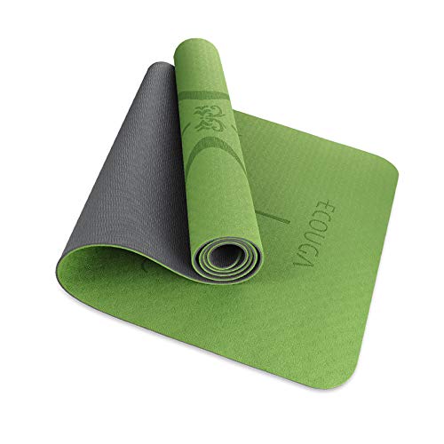 ECOUGA Colchoneta de Yoga Antideslizante con Línea Corporal para Pilates Ejercicio con Banda Tensión Toalla de Hielo Sin PVC Eco Friendly y Duradera 183x66cmx6mm (Verde)