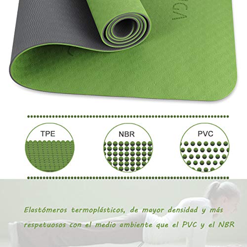 ECOUGA Colchoneta de Yoga Antideslizante con Línea Corporal para Pilates Ejercicio con Banda Tensión Toalla de Hielo Sin PVC Eco Friendly y Duradera 183x66cmx6mm (Verde)