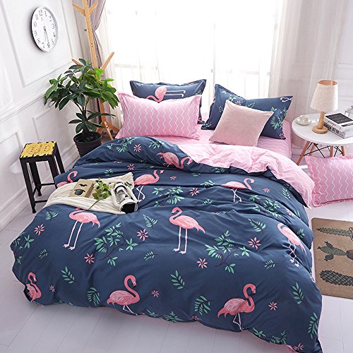 ED-Lumos Juego de Ropa de Cama ４Piezas para Cama 105cm Funda nórdica 180x220cm Sábana encimera 230x230cm Funda de Almohada 48x74cm Poliéster Modelo Flamenco Color Azul Oscuro