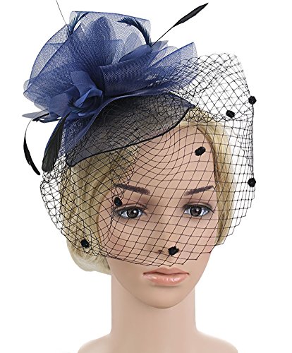 EEVASS Mujer Cintas Para el pelo Fascinator Malla Tocado Hat Pluma Tamaño grande red de flores (# Azul marino)