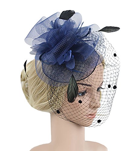 EEVASS Mujer Cintas Para el pelo Fascinator Malla Tocado Hat Pluma Tamaño grande red de flores (# Azul marino)