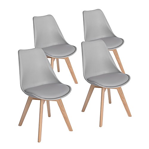 EGGREE Pack de 4 Tulip Sillas de Comedor Sillas Cocina Nórdico con Asiento Tapizado y Las piernas de Madera de Haya Maciza - Gris