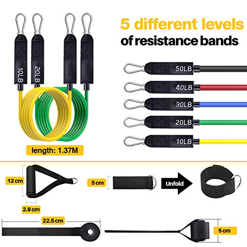 EgoIggo Bandas de Resistencia, 150lbs Bandas Elasticas Musculacion, 5 Tubos de Látex, con Asas, Correas de Tobillo Y Anclaje para Puerta, Kit de Cintas TRX, Adecuado para Fitness, Gimnasio, Crossfit