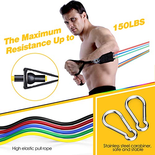 EgoIggo Bandas de Resistencia, 150lbs Bandas Elasticas Musculacion, 5 Tubos de Látex, con Asas, Correas de Tobillo Y Anclaje para Puerta, Kit de Cintas TRX, Adecuado para Fitness, Gimnasio, Crossfit